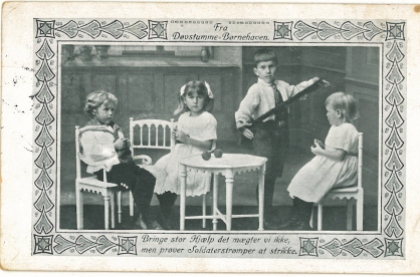 Asta's principal Thea Schroeder's get-well card in May 1915. Deaf and dumb children at their kinder-garden knitting stockings for soldiers