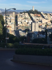 Looking down at the steep and winding Lombard Street before sunset