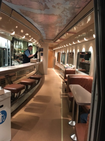 Inside the luxurious dining car at an Amtrak train